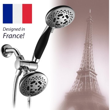 HotelSpa 1445 European Designer Collection 36-Setting Ultra-Luxury 3 Way Chrome Face Head/Handheld Shower Combo, Soft-Grip Rubber Dial Rim and Handle