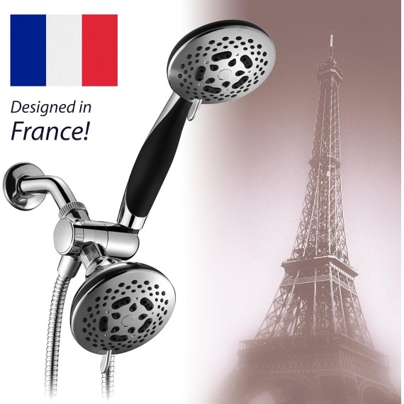 HotelSpa 1445 European Designer Collection 36-Setting Ultra-Luxury 3 Way Chrome Face Head/Handheld Shower Combo, Soft-Grip Rubber Dial Rim and Handle