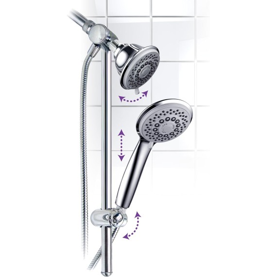 HotelSpa Instant-Mount Drill-Free Height/Angle Adjustable 30-Setting SpiralFlo 3-Way Shower Head/Handheld Showerhead Slide Bar Combo