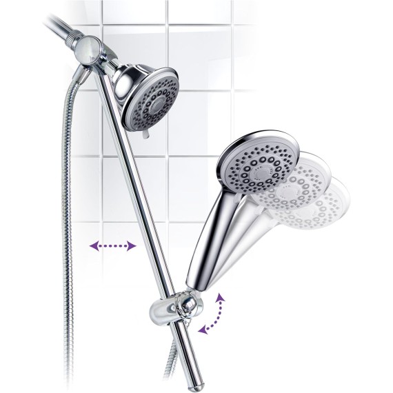 HotelSpa Instant-Mount Drill-Free Height/Angle Adjustable 30-Setting SpiralFlo 3-Way Shower Head/Handheld Showerhead Slide Bar Combo
