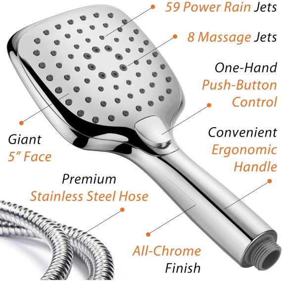 HotelSpa 10.5-in Rain Shower Head/Handheld Combo. Convenient Push-Button Flow Control Button for easy one-handed operation. Switch flow settings with the same hand! Low-Reach Bracket included