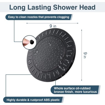 Rain Shower Head, 9 Inch High Pressure Waterfall Showerhead with Adjustable Angle and Anti-clogging Silicone Nozzles, Luxury Bathroom Overhead Shower, Oil-Rubbed Bronze