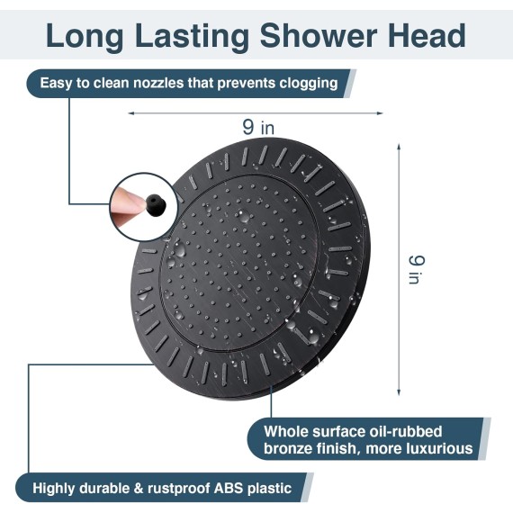 Rain Shower Head, 9 Inch High Pressure Waterfall Showerhead with Adjustable Angle and Anti-clogging Silicone Nozzles, Luxury Bathroom Overhead Shower, Oil-Rubbed Bronze