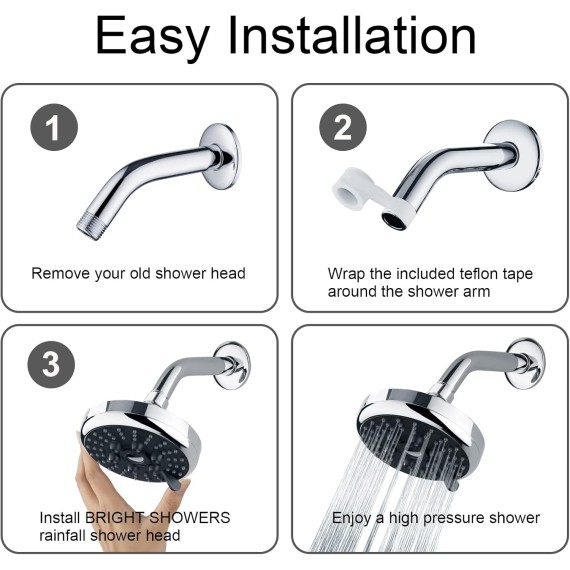 Bright Showers High Pressure Rain Shower Head, Chrome, 3 Spray Settings, 4.6 Inches Rainfall, Adjustable Metal Swivel Ball for Luxury Overhead Shower Experience