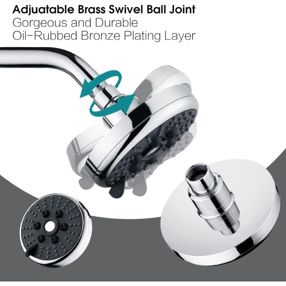 Bright Showers High Pressure Rain Shower Head, Chrome, 3 Spray Settings, 4.6 Inches Rainfall, Adjustable Metal Swivel Ball for Luxury Overhead Shower Experience