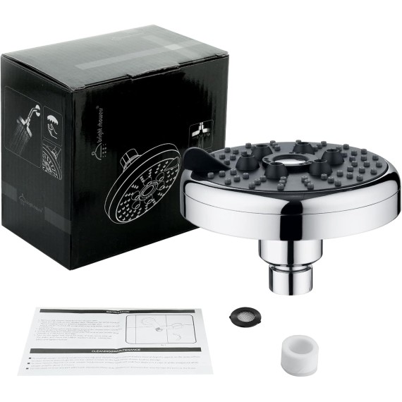 Bright Showers High Pressure Rain Shower Head, Chrome, 3 Spray Settings, 4.6 Inches Rainfall, Adjustable Metal Swivel Ball for Luxury Overhead Shower Experience
