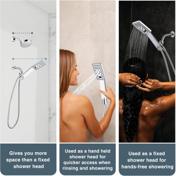 Handheld Shower Head Set High Pressure Hand Held Showerhead with 60 Inch Flexible Shower Hose and Adjustable Shower Arm Mount Bracket, 3 Spray Settings Shower Wand, Chrome