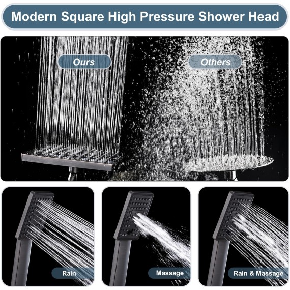 Rain Shower Head with Handheld Spray, 8 Inch Rainfall Shower Head Combo with 60" Hose, Adjustable Dual Square Showerhead Set with 3-Way Diverter, Wall Bracket, Oil-Rubbed Bronze