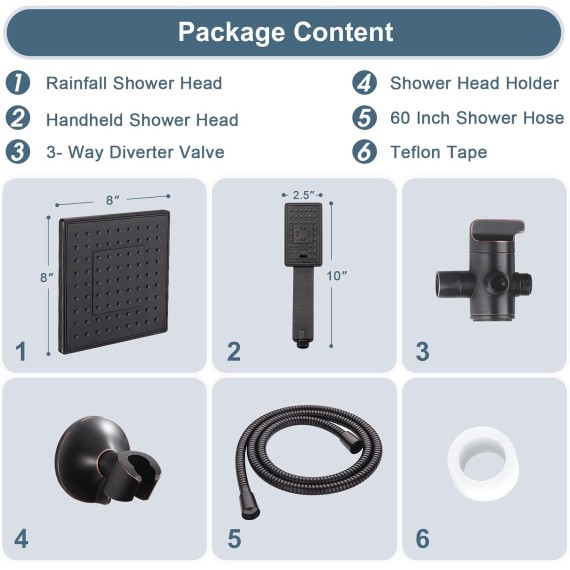 Rain Shower Head with Handheld Spray, 8 Inch Rainfall Shower Head Combo with 60" Hose, Adjustable Dual Square Showerhead Set with 3-Way Diverter, Wall Bracket, Oil-Rubbed Bronze
