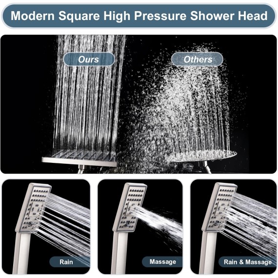 Rain Shower Head with Handheld Spray, 8 Inch Rainfall Shower Head Combo with 60" Hose, Adjustable Dual Square Showerhead Set with 3-Way Diverter, Wall Bracket, Brushed Nickel