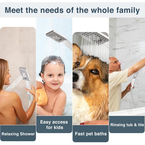 Rain Shower Head with Handheld Spray, 8 Inch Rainfall Shower Head Combo with 60" Hose, Adjustable Dual Square Showerhead Set with 3-Way Diverter, Wall Bracket, Brushed Nickel