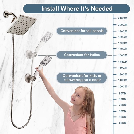 Rain Shower Head with Handheld Spray, 8 Inch Rainfall Shower Head Combo with 60" Hose, Adjustable Dual Square Showerhead Set with 3-Way Diverter, Wall Bracket, Brushed Nickel