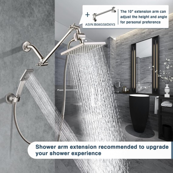 Rain Shower Head with Handheld Spray, 8 Inch Rainfall Shower Head Combo with 60" Hose, Adjustable Dual Square Showerhead Set with 3-Way Diverter, Wall Bracket, Brushed Nickel