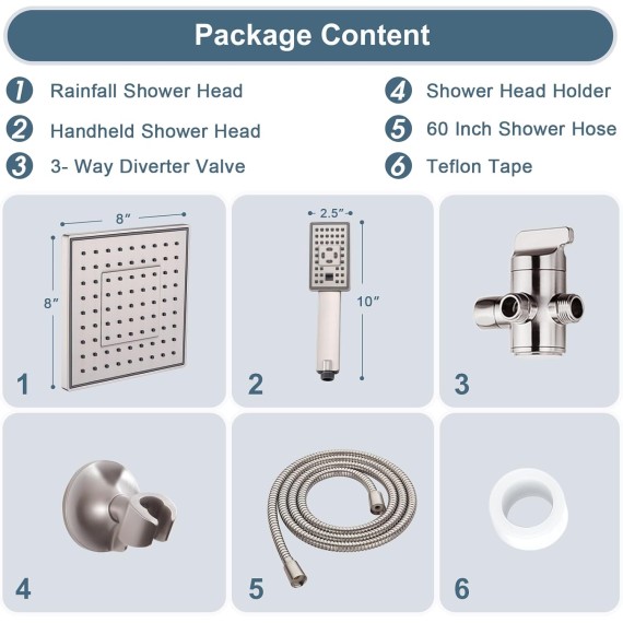 Rain Shower Head with Handheld Spray, 8 Inch Rainfall Shower Head Combo with 60" Hose, Adjustable Dual Square Showerhead Set with 3-Way Diverter, Wall Bracket, Brushed Nickel