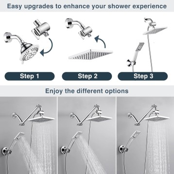 Rain Shower Head with Handheld Spray, 8 Inch High Pressure Rainfall Shower Head Combo with 60” Hose, Adjustable Dual Square Showerhead with 3-Way Diverter, Wall Bracket, Chrome