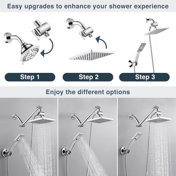 Rain Shower Head with Handheld Spray, 8 Inch High Pressure Rainfall Shower Head Combo with 60” Hose, Adjustable Dual Square Showerhead with 3-Way Diverter, Wall Bracket, Chrome