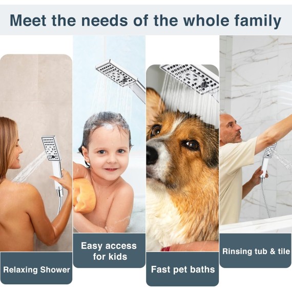 Rain Shower Head with Handheld Spray, 8 Inch High Pressure Rainfall Shower Head Combo with 60” Hose, Adjustable Dual Square Showerhead with 3-Way Diverter, Wall Bracket, Chrome