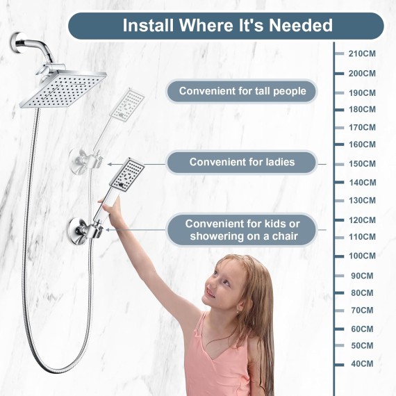 Rain Shower Head with Handheld Spray, 8 Inch High Pressure Rainfall Shower Head Combo with 60” Hose, Adjustable Dual Square Showerhead with 3-Way Diverter, Wall Bracket, Chrome