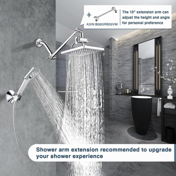 Rain Shower Head with Handheld Spray, 8 Inch High Pressure Rainfall Shower Head Combo with 60” Hose, Adjustable Dual Square Showerhead with 3-Way Diverter, Wall Bracket, Chrome