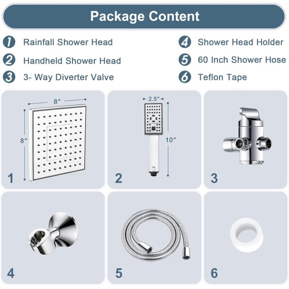 Rain Shower Head with Handheld Spray, 8 Inch High Pressure Rainfall Shower Head Combo with 60” Hose, Adjustable Dual Square Showerhead with 3-Way Diverter, Wall Bracket, Chrome