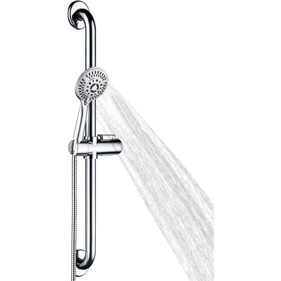 Stainless Steel Grab Bar Set – Includes Handheld Shower Head with Extra Long Hose, Shower Head and Hose Chrome Plated