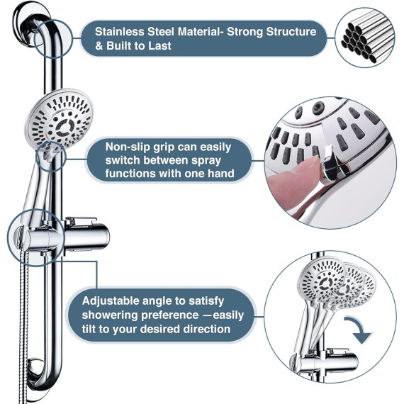 Stainless Steel Grab Bar Set – Includes Handheld Shower Head with Extra Long Hose, Shower Head and Hose Chrome Plated