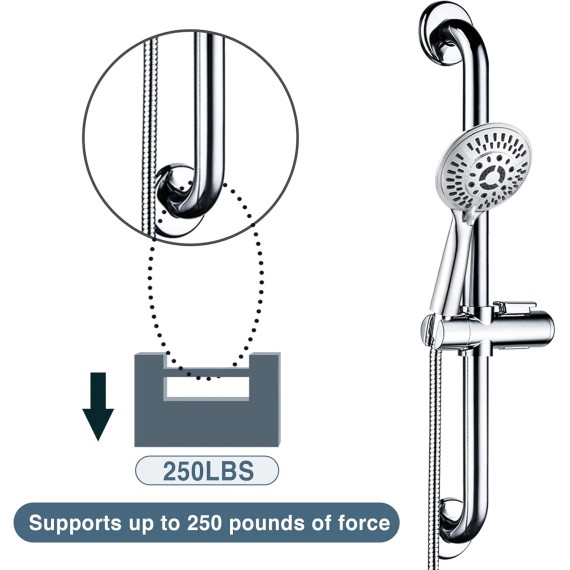 Stainless Steel Grab Bar Set – Includes Handheld Shower Head with Extra Long Hose, Shower Head and Hose Chrome Plated