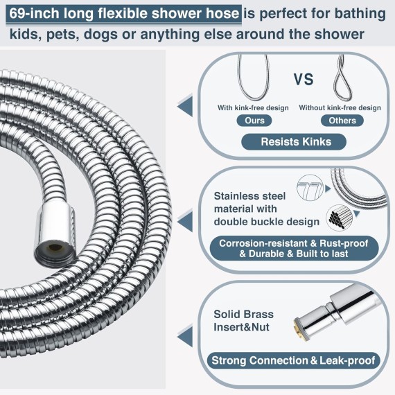 Stainless Steel Grab Bar Set – Includes Handheld Shower Head with Extra Long Hose, Shower Head and Hose Chrome Plated