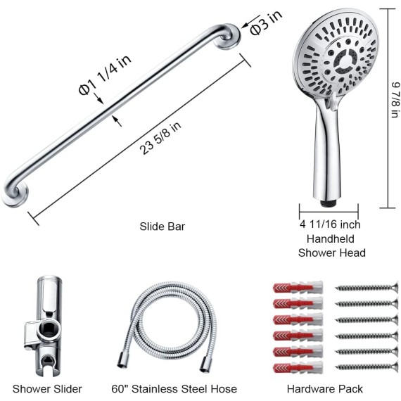 Stainless Steel Grab Bar Set – Includes Handheld Shower Head with Extra Long Hose, Shower Head and Hose Chrome Plated