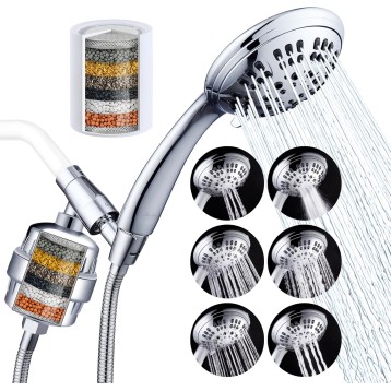 Luxury Filtered Handheld Shower Head, 6 Spray Settings Shower Set with Effective Filter of 2 Cartridges, Adjustable Metal Bracket, Extra Long Stretchable Hose, Chrome (Chrome with Filter)