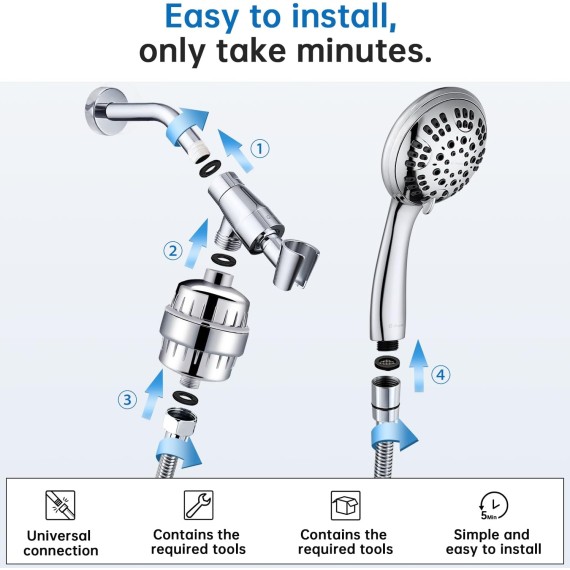 Luxury Filtered Handheld Shower Head, 6 Spray Settings Shower Set with Effective Filter of 2 Cartridges, Adjustable Metal Bracket, Extra Long Stretchable Hose, Chrome (Chrome with Filter)