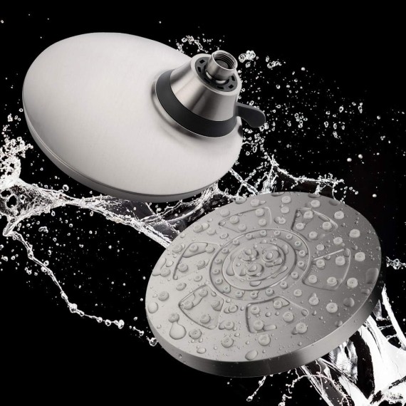 BIRGHT SHOWERS 8 Inch Rain Shower Head with 4 Spray Settings, Fixed Rainfall Showerhead, Adjustable Ball Joint, Brushed Nickel