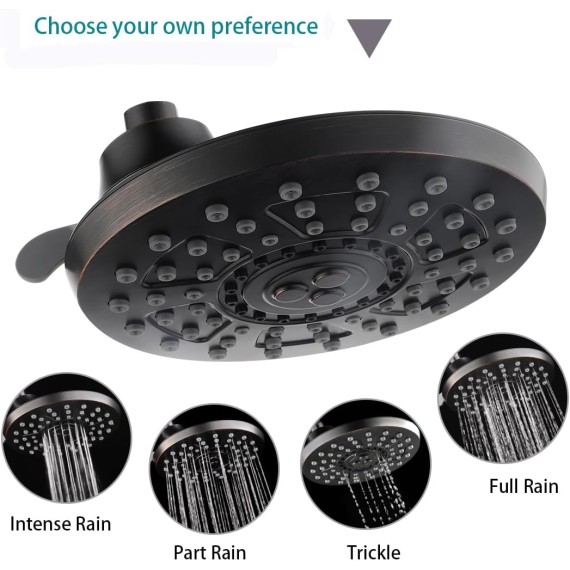 BIRGHT SHOWERS Rain Shower Head 8 Inch Four Spray Settings Fixed Shower Head with Adjustable Brass Ball Joints, Oil-Rubbed Bronze