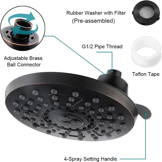 BIRGHT SHOWERS Rain Shower Head 8 Inch Four Spray Settings Fixed Shower Head with Adjustable Brass Ball Joints, Oil-Rubbed Bronze