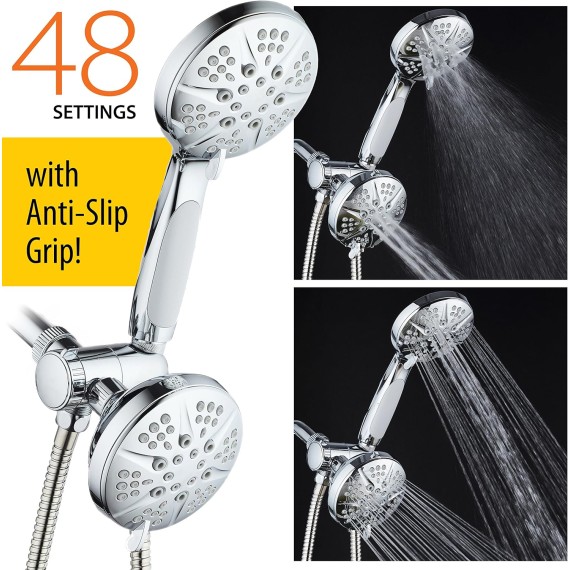 NOTILUS SURROUND-SHOWER(TM) High-Pressure 48-setting Luxury 3-way Shower Head/Handheld Combo - Anti-Slip Grip, Anti-Clog Jets, Heavy-Duty Stainless Steel Hose, All-Chrome Finish