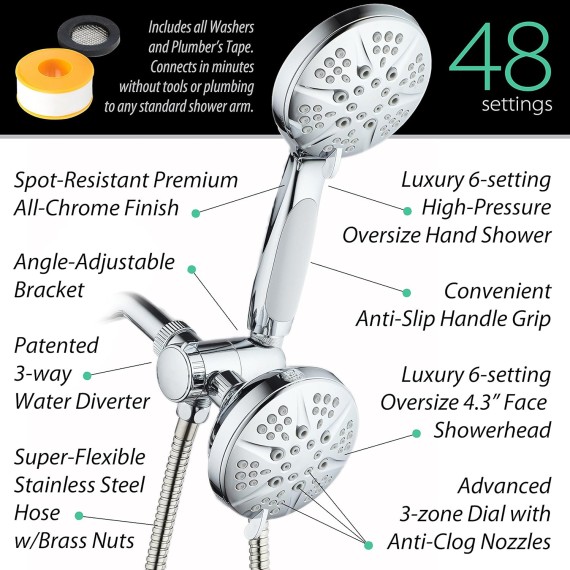 NOTILUS SURROUND-SHOWER(TM) High-Pressure 48-setting Luxury 3-way Shower Head/Handheld Combo - Anti-Slip Grip, Anti-Clog Jets, Heavy-Duty Stainless Steel Hose, All-Chrome Finish