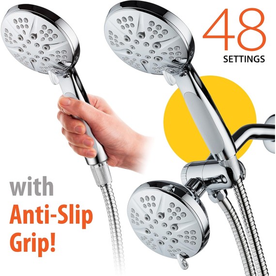 NOTILUS SURROUND-SHOWER(TM) High-Pressure 48-setting Luxury 3-way Shower Head/Handheld Combo - Anti-Slip Grip, Anti-Clog Jets, Heavy-Duty Stainless Steel Hose, All-Chrome Finish