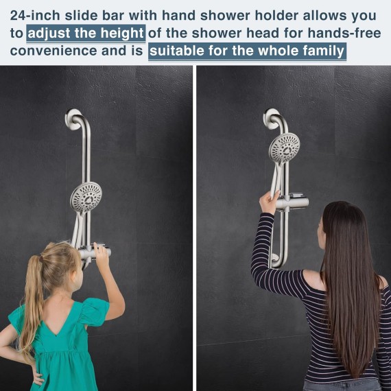 Stainless Steel Slide Bar Grab Rail Set Ada compliant Includes Handheld Shower Head and 69-Inch Hose (Brushed Nickel)