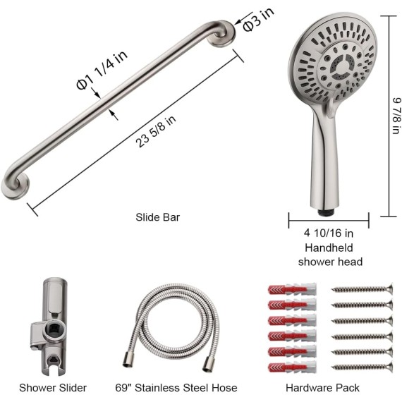 Stainless Steel Slide Bar Grab Rail Set Ada compliant Includes Handheld Shower Head and 69-Inch Hose (Brushed Nickel)