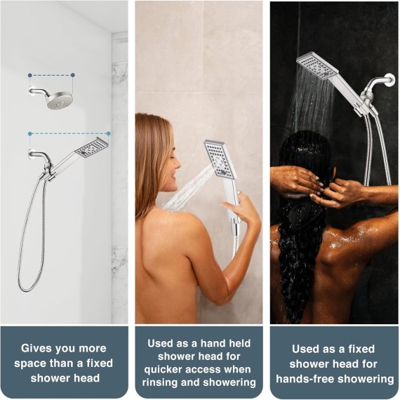 Handheld Shower Head Set High Pressure Hand Held Showerhead with 60 Inch Flexible Shower Hose and Adjustable Shower Arm Mount Bracket, 3 Spray Settings Shower Wand, Brushed Nickel