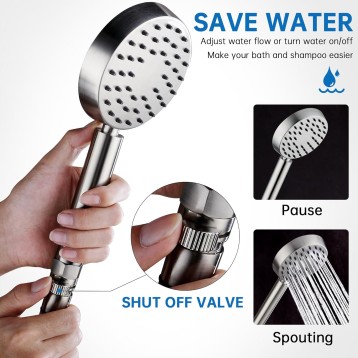 Solid Metal Brushed Nickel Handheld Shower Head With Extra Long Stainless Steel Hose & Water Saving On/Off Pause Valve, Modern Style, 1 Setting, 10 Year Warranty