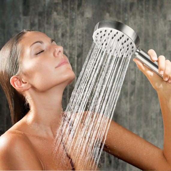 Solid Metal Brushed Nickel Handheld Shower Head With Extra Long Stainless Steel Hose & Water Saving On/Off Pause Valve, Modern Style, 1 Setting, 10 Year Warranty