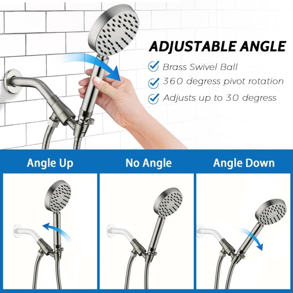 Solid Metal Brushed Nickel Handheld Shower Head With Extra Long Stainless Steel Hose & Water Saving On/Off Pause Valve, Modern Style, 1 Setting, 10 Year Warranty