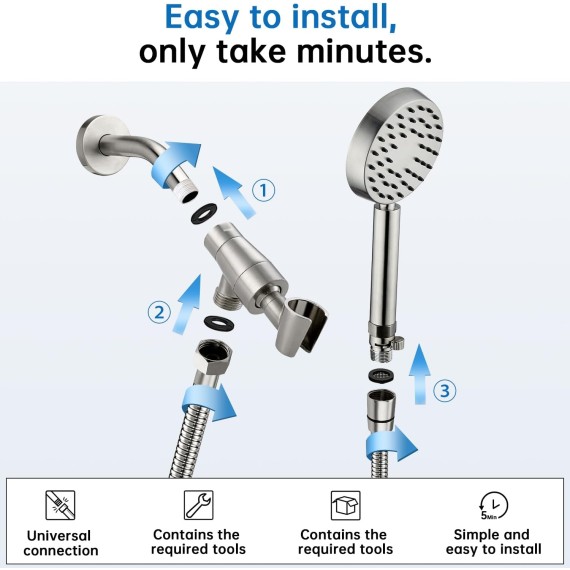 Solid Metal Brushed Nickel Handheld Shower Head With Extra Long Stainless Steel Hose & Water Saving On/Off Pause Valve, Modern Style, 1 Setting, 10 Year Warranty