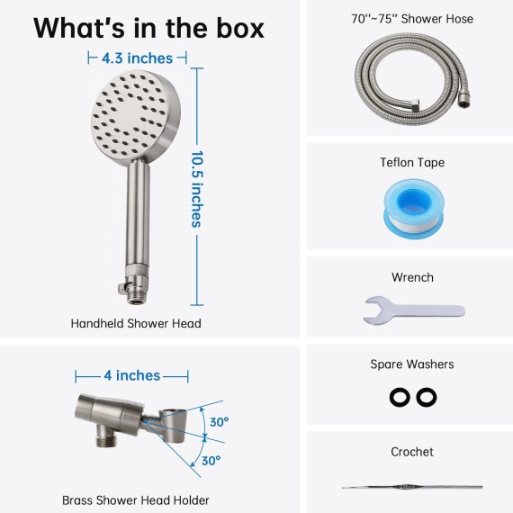 Solid Metal Brushed Nickel Handheld Shower Head With Extra Long Stainless Steel Hose & Water Saving On/Off Pause Valve, Modern Style, 1 Setting, 10 Year Warranty