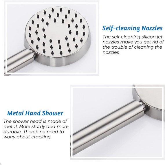 Solid Metal Brushed Nickel Handheld Shower Head With Extra Long Stainless Steel Hose & Water Saving On/Off Pause Valve, Modern Style, 1 Setting, 10 Year Warranty