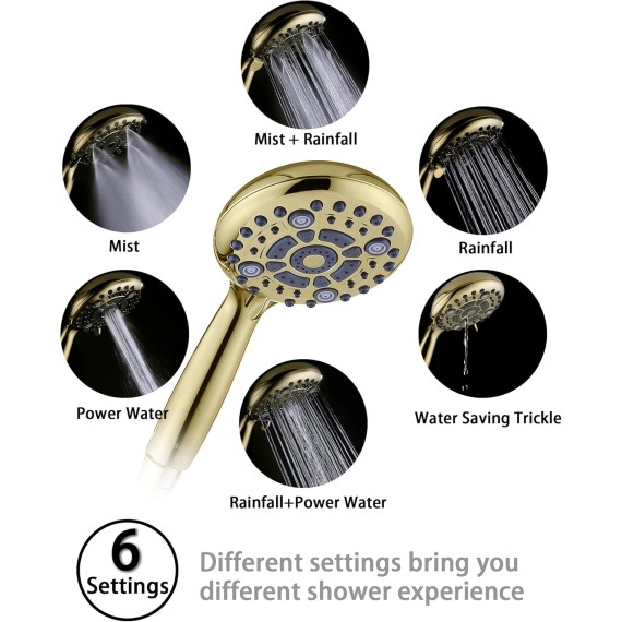 Handheld Shower Head High Pressure 6 Spray Settings, Detachable Hand Held Showerhead 4.9" Face with Extra Long Flexible Hose and Metal Adjustable Bracket