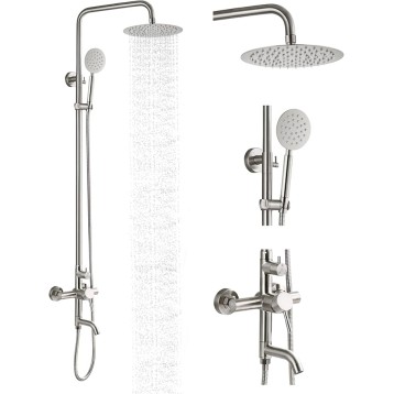 Stainless Steel SUS304 Silver Shower faucet Set Wall Mount Triple Function Shower System 8 inches Shower Head Bathroom Adjustable Hand Spray Rainfall Brushed Nickel Shower Faucet Complete Set
