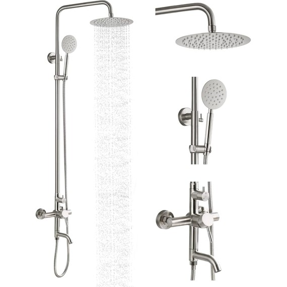 Stainless Steel SUS304 Silver Shower faucet Set Wall Mount Triple Function Shower System 8 inches Shower Head Bathroom Adjustable Hand Spray Rainfall Brushed Nickel Shower Faucet Complete Set