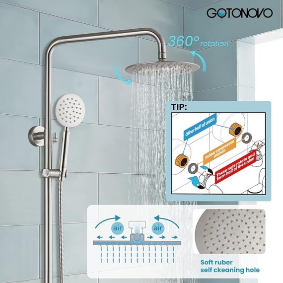Stainless Steel SUS304 Silver Shower faucet Set Wall Mount Triple Function Shower System 8 inches Shower Head Bathroom Adjustable Hand Spray Rainfall Brushed Nickel Shower Faucet Complete Set